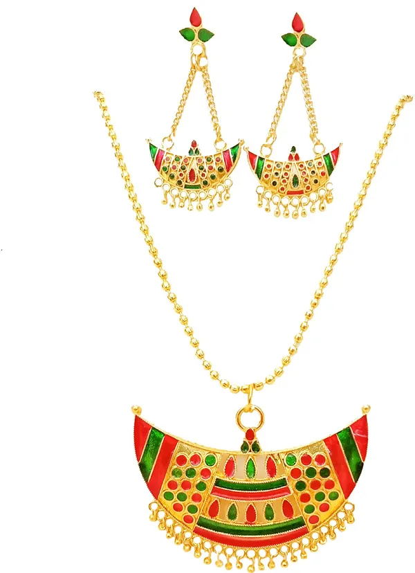 Assamese_Traditional_Gold_Plated_Red_Green_Color_Jewellery_Set_For_Women_&_Girls